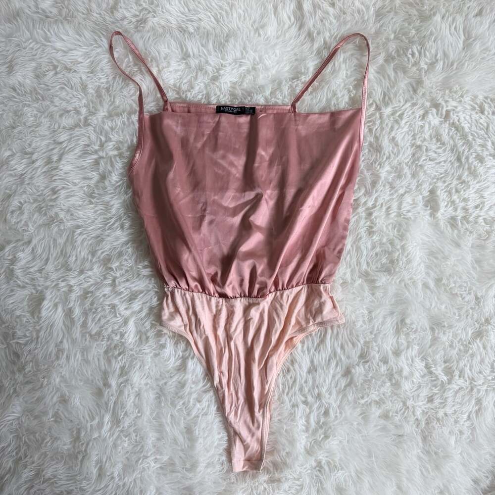 Nasty Gal Collection Pink Satin Cowl Neck High Leg Bodysuit UK 10